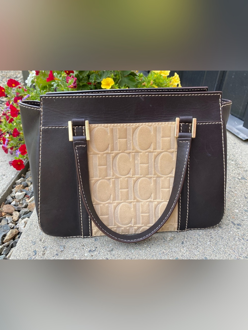 Carolina Herrera Beige & Dark Brown Monogram Tote with Gold Hardware Vintage
